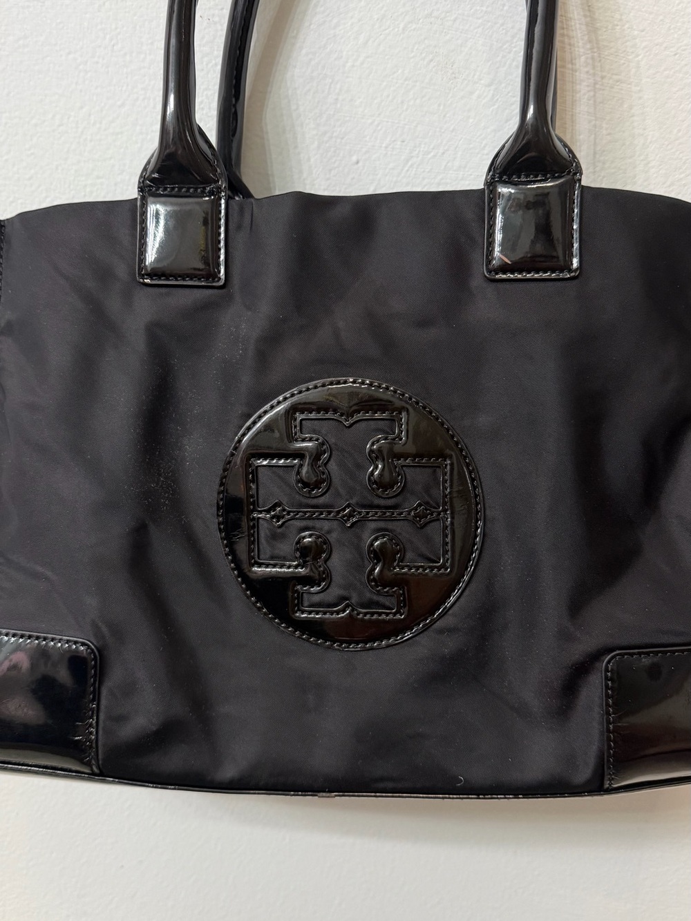 Tory Burch Black Patent Logo Nylon Tote
